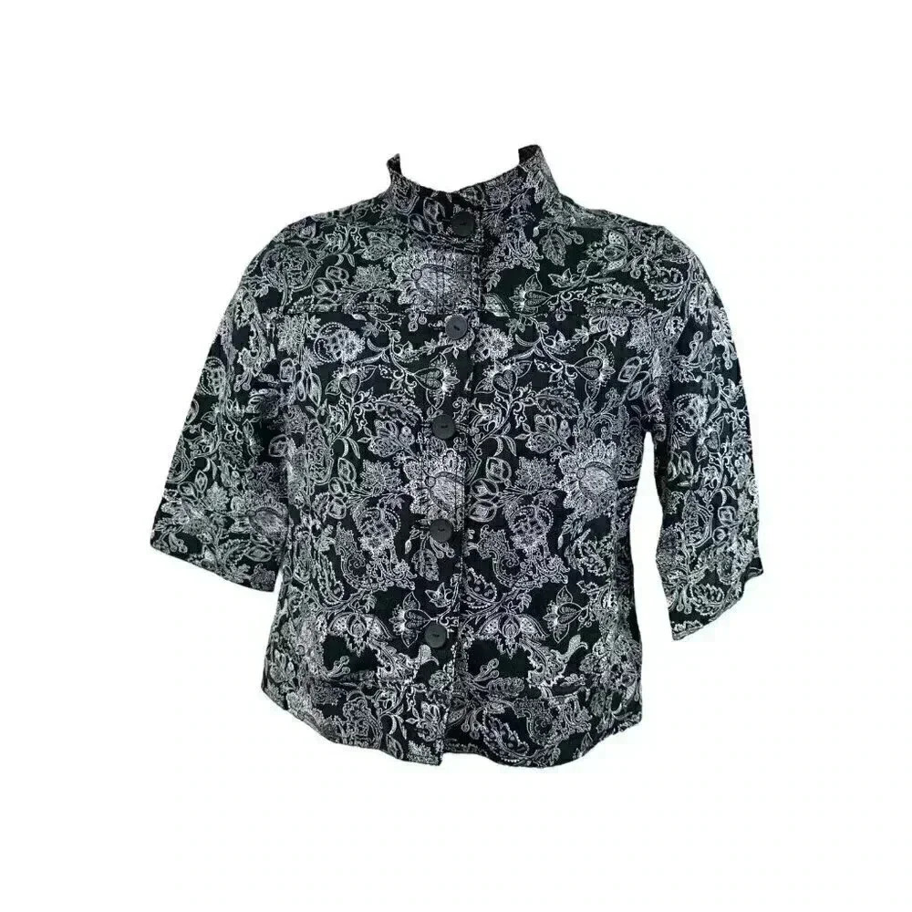 Croft & Barrow button up blazer w/ 3/4 sleeves black and white floral women's PM